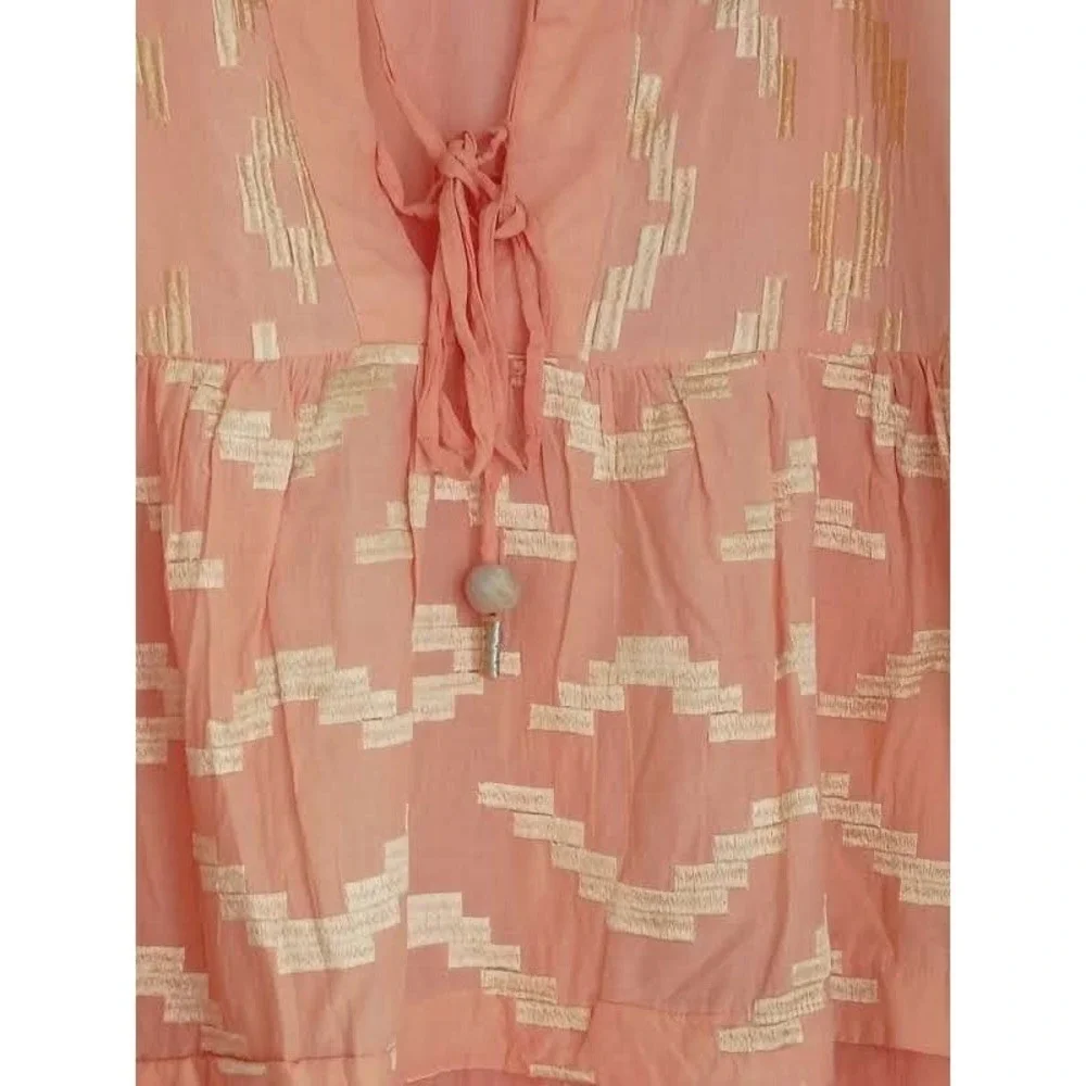 NWT RHEA Peach Gold Metallic Ikat Boho Tiered 100% Cotton Mini Dress L XL V-Neck - Picture 12 of 14